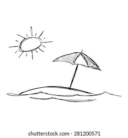 Hand drawn illustration of the sun and a parasol