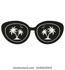 Hand drawn illustration of sunglasses with palm trees on a white background.