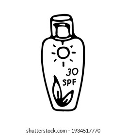 Hand drawn illustration of sunscreen lotion bottle.  Vector.  Doodle style outline on white background.