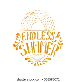 Hand drawn illustration of sunset on the sea with sign Sunset dreams come true. with waves in the sea. Motivation quote with lettering. Hand drawn sketch. Vector stock
