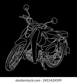 hand drawn illustration of a supercub motorbike in white and black vector format