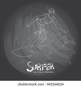 hand drawn illustration of surfer. blackboard texture. surfer background design