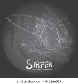 hand drawn illustration of surfer. blackboard texture. surfer background design