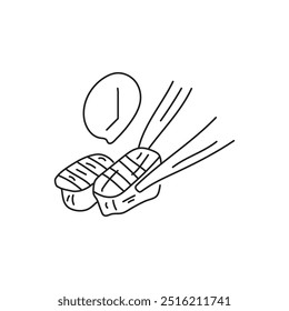 Hand drawn illustration of sushi with chopsticks and a clock, perfect for restaurant menus, social media, and food blogs.