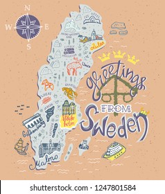 Hand drawn illustration of Sweden map with tourist attractions. Travel  concept.