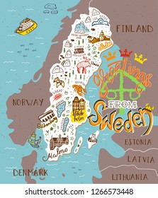 Hand drawn illustration of Sweden map with tourist attractions. Travel  concept.