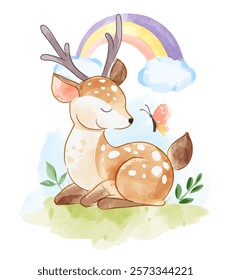 hand drawn illustration sweet deer sitting on the green field on rainbow background