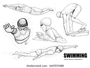 hand drawn illustration of swimming set. sport drawing vector.