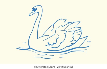 Ilustração desenhada à mão de um cisne nadando. Ilustração de contorno de vetor isolada no plano de fundo da cor. 
