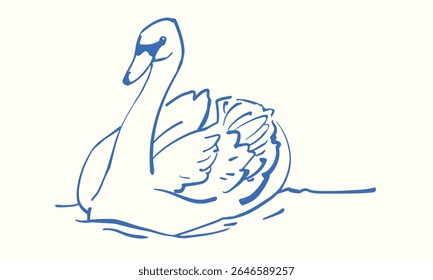 Ilustração desenhada à mão de um cisne nadando. Ilustração de contorno de vetor isolada no plano de fundo da cor. 