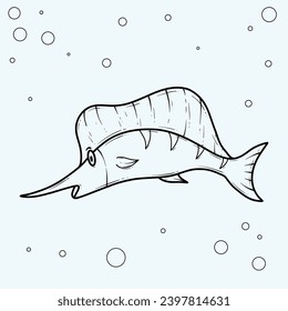 Hand drawn illustration of a swordfish with bubbles, in a simple line art style