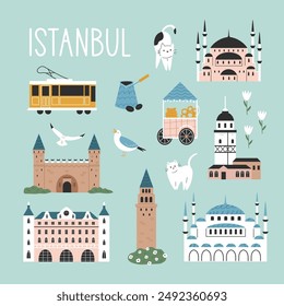 Hand drawn illustration with symbols and famous places of Istanbul. Square design, poster, banner for magazines, books, postcards, souvenirs