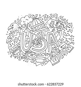 Hand drawn illustration with symbols of United States of America. Travel to USA concept. Vector art