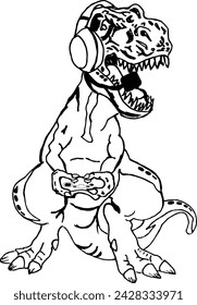 Hand drawn illustration T Rex dinosaur playing video game wearing a headset and holding a controller