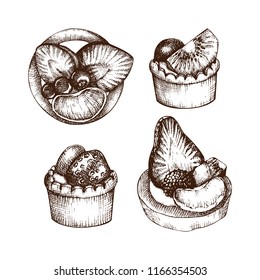 Hand drawn illustration of tartlets.  Fruits and cream filled pastries sketches. Vector drawing of italian desserts on white background. Vintage food set for cafe or restaurant menu design.
