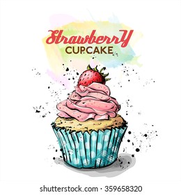 Hand drawn illustration of tasty cupcake. Vector collection.