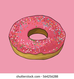 a hand drawn illustration of a tasty donut; a vector illustration;  with pink icing; for cafes, restaurants, coffee shops, catering. In the modern style of a picture made by markers