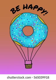 a hand drawn illustration of a tasty donut as an air balloon; a vector illustration;  with pink icing; for cafes, restaurants, coffee shops, catering. A concept illustration 
