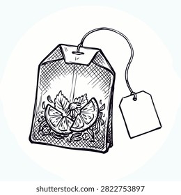 Hand drawn illustration of a tea bag with lemon slices and herbs
