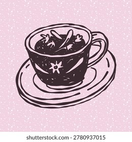 Hand drawn illustration of a tea cup on a saucer with herbal tea and flowers inside. Line art doodle on a textured pink background, perfect for cafe menus, relaxation themes, or cozy morning designs