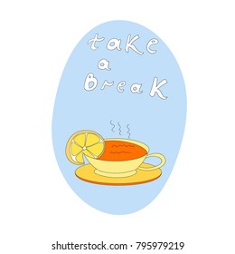Hand drawn illustration of tea cup with lemon