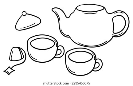 handgezeichnete Illustration von Teektopf, Teacup und Teabag auf weißem Hintergrund