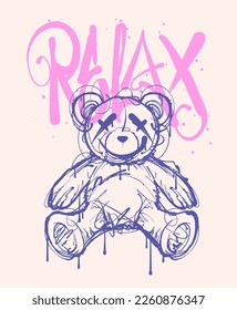 ilustración dibujada a mano del dibujo del oso de peluche con diseño de impresión de slogan