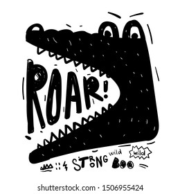 Hand drawn illustration for tee prints. T shirt design with crocodile and "ROAR" text.