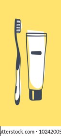 Hand drawn illustration teeth paste and brush. Creative ink art work. Actual vector drawing hygiene tools
