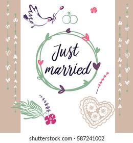 Hand drawn illustration  template postcard, banner, poster for just married. Bird with rose. Image for wedding agency, studio