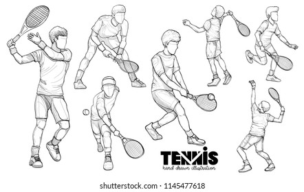 Hand drawn illustration of tennis players  set. vector drawing people.