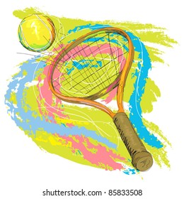 hand drawn illustration of tennis racket and ball, created as very artistic painterly style for your design, isolated on white