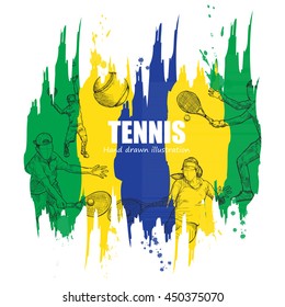 hand drawn illustration of  tennis vector on abstract paint brush stroke background. tennis background. sports tournament.