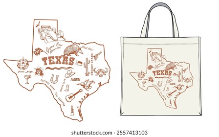 Hand drawn illustration of Texas map with tourist destinations, things to do in Texas holiday vector art, Texas vacation artwork for t shirt, poster, sticker, fabric bag