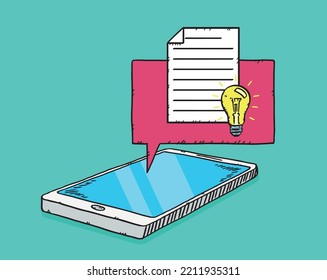 Hand drawn illustration of text document with idea bulb showing on message bubble from mobile phone screen. Doodle vector file.