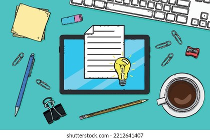 Ilustración dibujada a mano del documento de texto con bombilla que aparece en la pantalla del tablet. La tableta está sobre el escritorio de la oficina. Archivo vectorial Doodle.