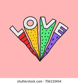 Hand drawn illustration with text, Love. Rainbow colors on pink background. Lovely lettering card for home decor, poster, cover, t-shirt, print, textile, web, or any use.