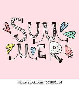 Hand drawn illustration with text summer made with creative letters. Vector Illustration