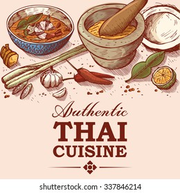 Hand drawn illustration of Thai food and ingredients