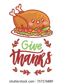 Hand drawn illustration for Thanksgiving Day celebration with lettering, calligraphy text and cute characters. Art in vector doodle, cartoon style for greeting card, poster, banner, invitation, ad