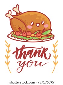 Hand drawn illustration for Thanksgiving Day celebration with lettering, calligraphy text and cute characters. Art in vector doodle, cartoon style for greeting card, poster, banner, invitation, ad