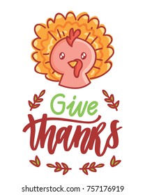 Hand drawn illustration for Thanksgiving Day celebration with lettering, calligraphy text and cute characters. Art in vector doodle, cartoon style for greeting card, poster, banner, invitation, ad