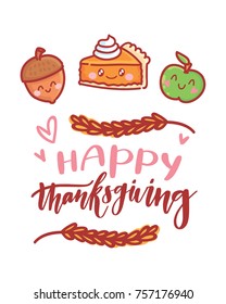 Hand drawn illustration for Thanksgiving Day celebration with lettering, calligraphy text and cute characters. Art in vector doodle, cartoon style for greeting card, poster, banner, invitation, ad