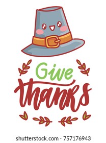 Hand drawn illustration for Thanksgiving Day celebration with lettering, calligraphy text and cute characters. Art in vector doodle, cartoon style for greeting card, poster, banner, invitation, ad