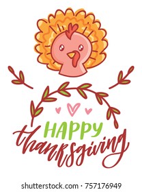 Hand drawn illustration for Thanksgiving Day celebration with lettering, calligraphy text and cute characters. Art in vector doodle, cartoon style for greeting card, poster, banner, invitation, ad