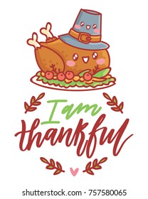 Hand drawn illustration for Thanksgiving Day celebration with lettering, calligraphy text and cute characters. Art in vector doodle, cartoon style for greeting card, poster, banner, invitation, ad