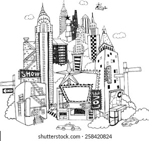 Hand drawn illustration that skyscrapers and theaters stand densely together in the midtown of a city.