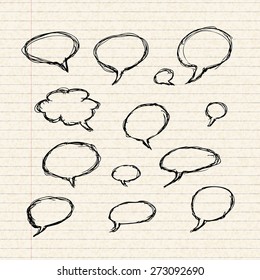 Hand drawn illustration of thought bubbles on a sheet of lined paper