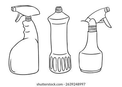 Hand drawn illustration of three cleaning bottles including spray and detergent containers. Represents hygiene, household chores and sanitation tools in minimal line art style