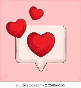 Hand drawn illustration of three floating red hearts above a large white speech bubble containing a red heart on soft pink textured background